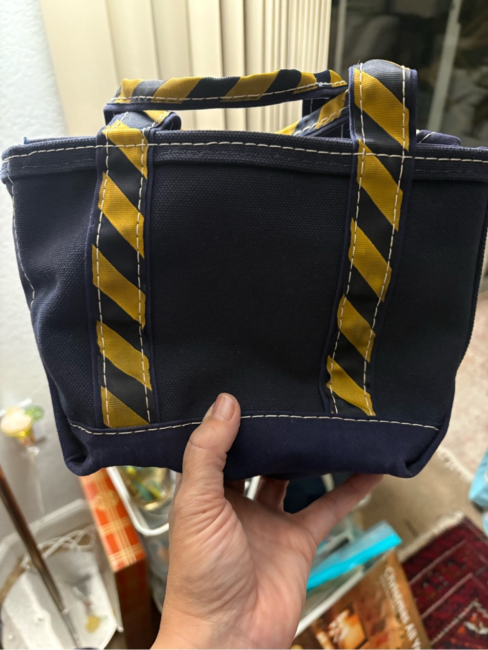 Vintage L.L.Bean Mini Boat & Tote, Navy Gold Stripe Zip Top